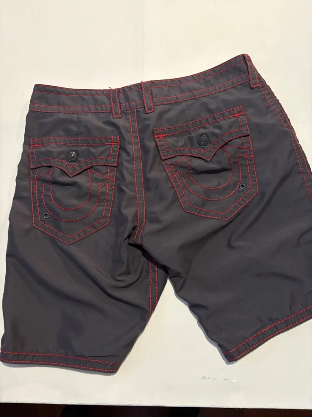 Men's Black TRUE RELIGION BOARD SHORTS with Red Stitching - GENTLY USED - Picture 2 of 5